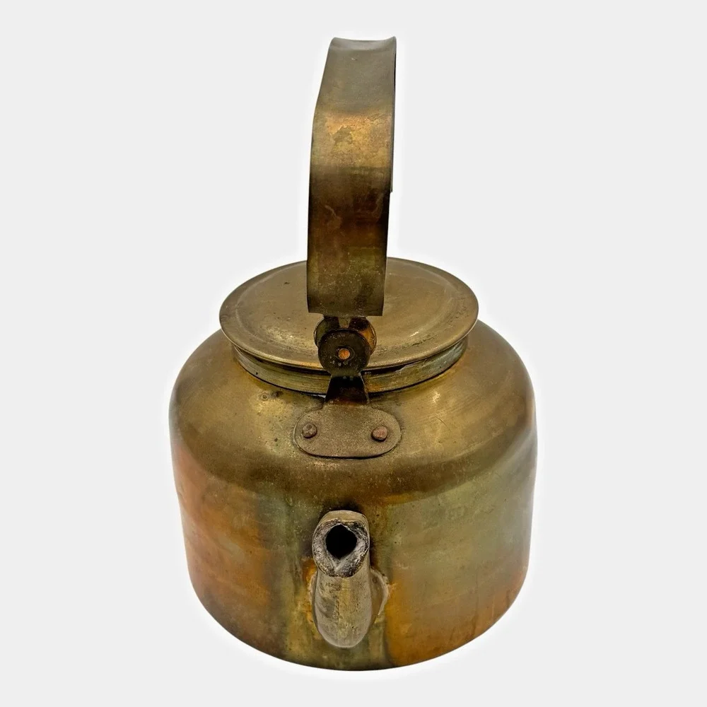 Brass Tea Kettle Primitive Farmhouse Cottage Cabin Rustic Kitchen Decor Vintage